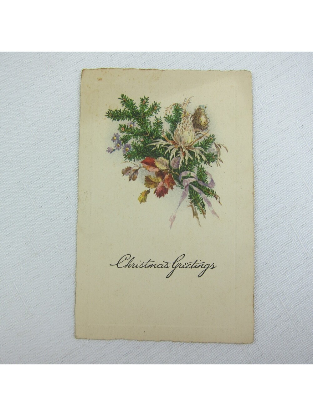 Antique Christmas Greetings Postcard Floral Evergreen Leaves Bouquet Germany
